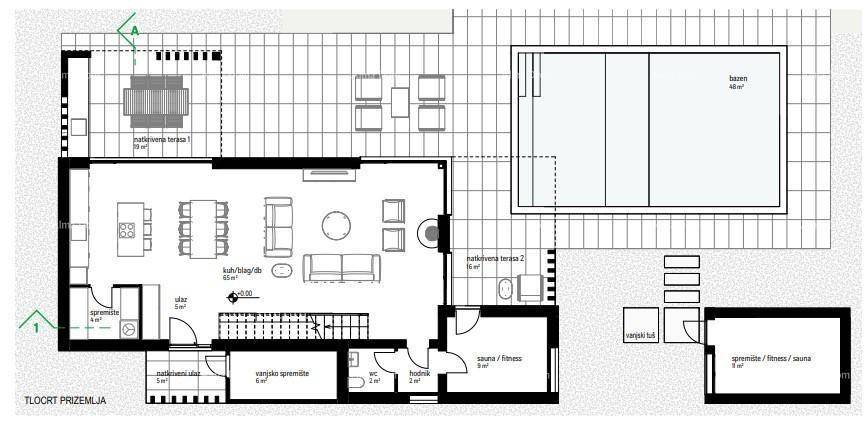 Grundriss des Erdgeschosses mit offenem Wohnbereich, Küche, Sauna und Pool.