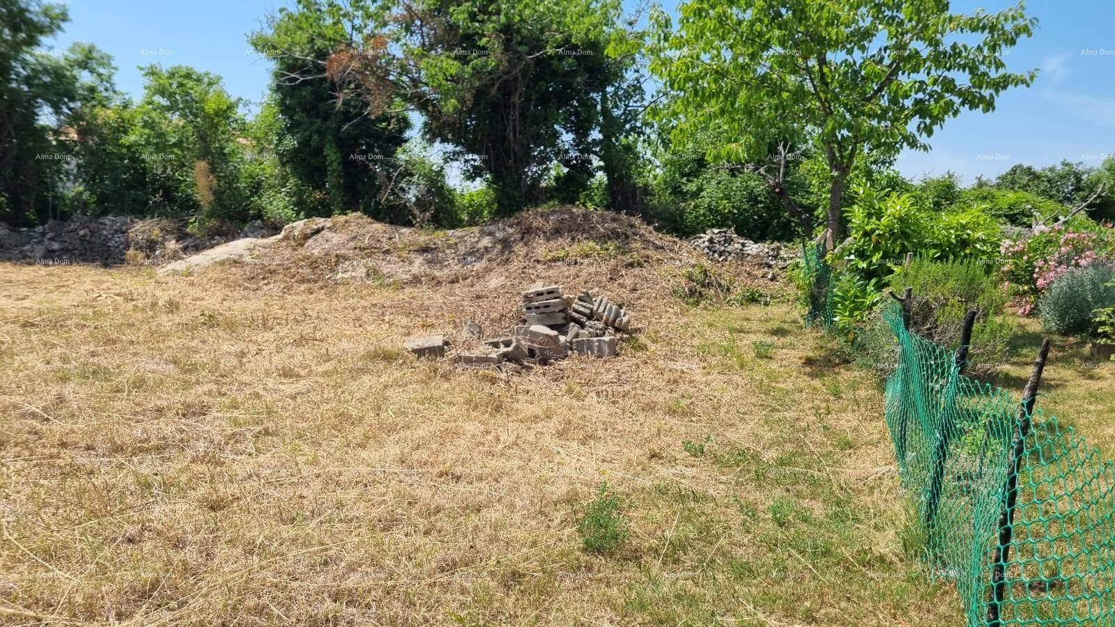 Grundstück mit trockenem Gras, Bäumen und einem Haufen Betonblöcke, begrenzt durch einen grünen Zaun.
