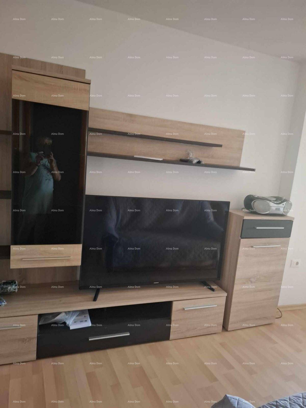 Wohnzimmer mit modernem TV-Möbel und Regalen, auf hellem Laminatboden.