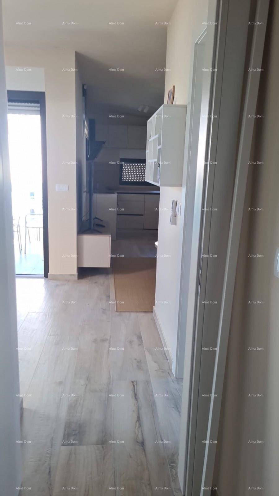 Heller Flur mit Laminatboden, der in den offenen Wohn- und Küchenbereich der Wohnung führt.