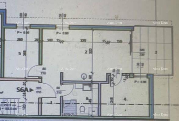 Ausschnitt eines Grundrisses mit Raumaufteilung, Bad und Terrasse für Wohnung S6A.