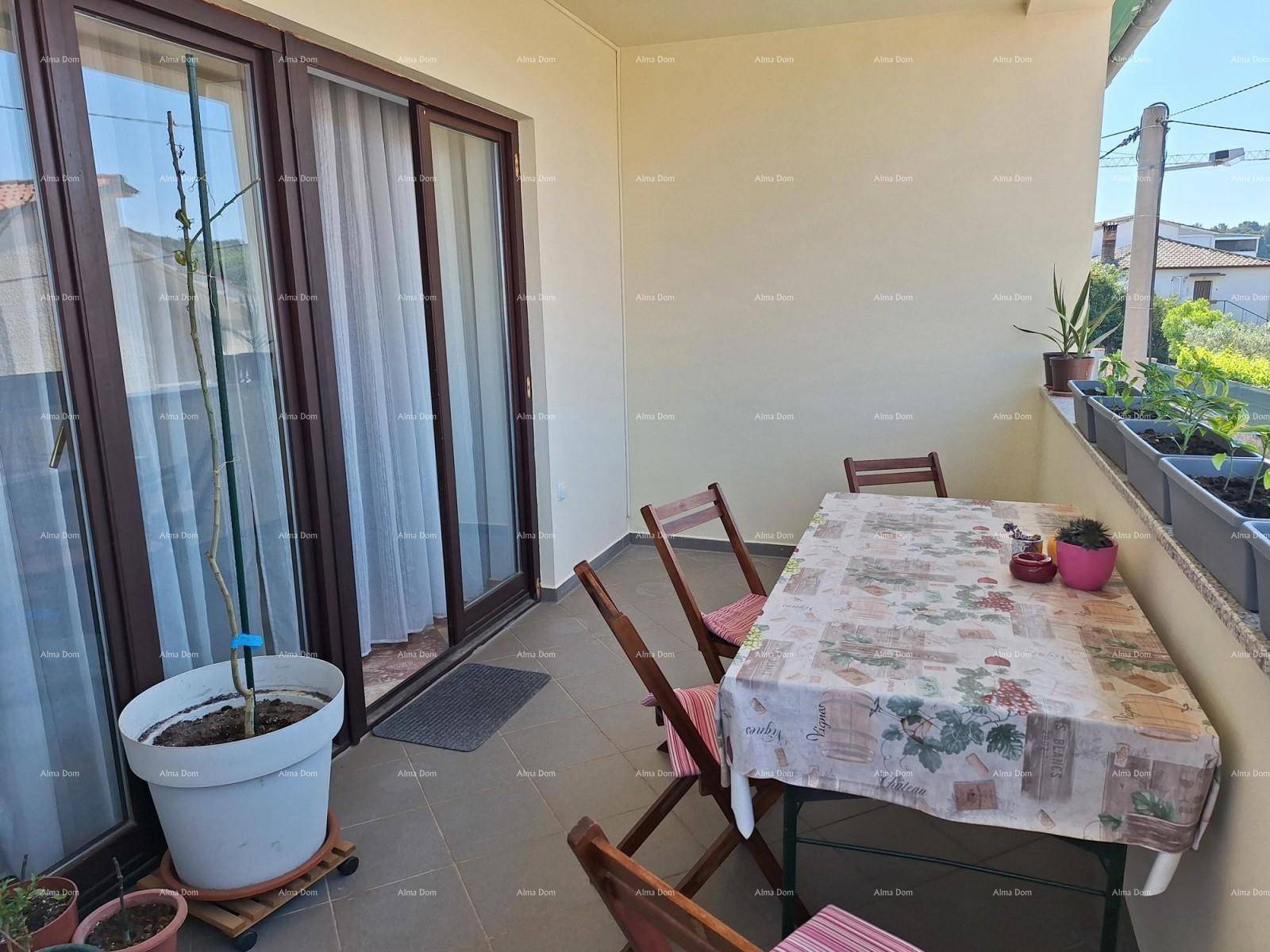 Geräumiger Balkon mit Esstisch und Pflanzen in Töpfen.