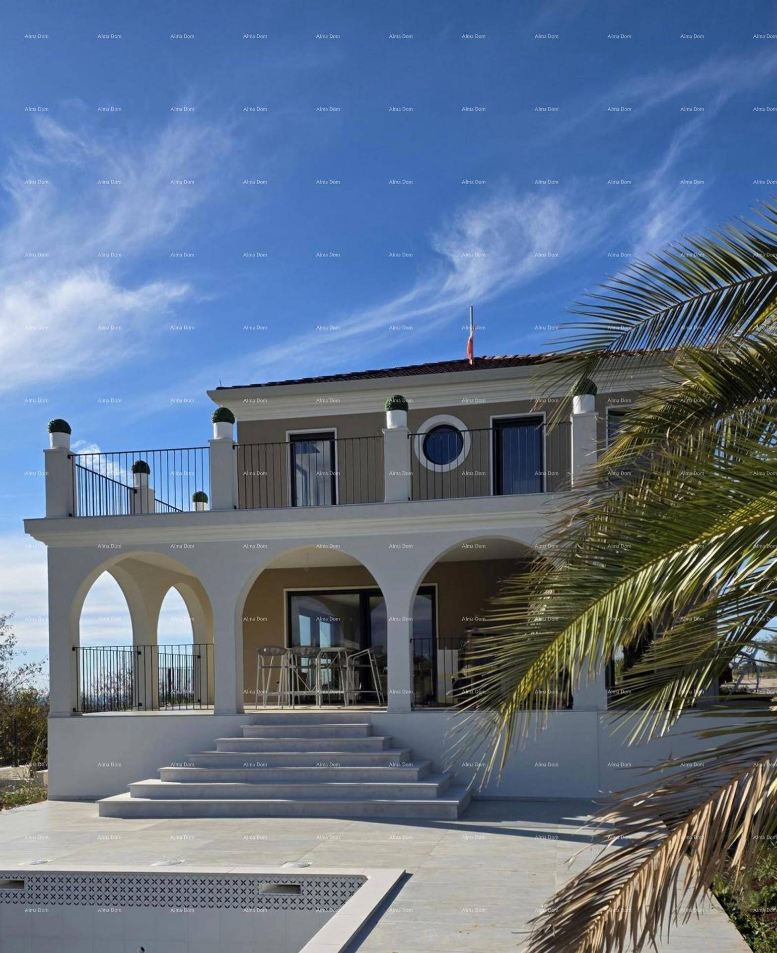Moderne Villa mit klassischem Design, umgeben von Palmen unter einem weiten Himmel.
