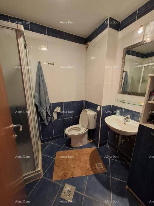 Badezimmer mit blauen Fliesen, Dusche, Toilette und Waschbecken mit Spiegel.