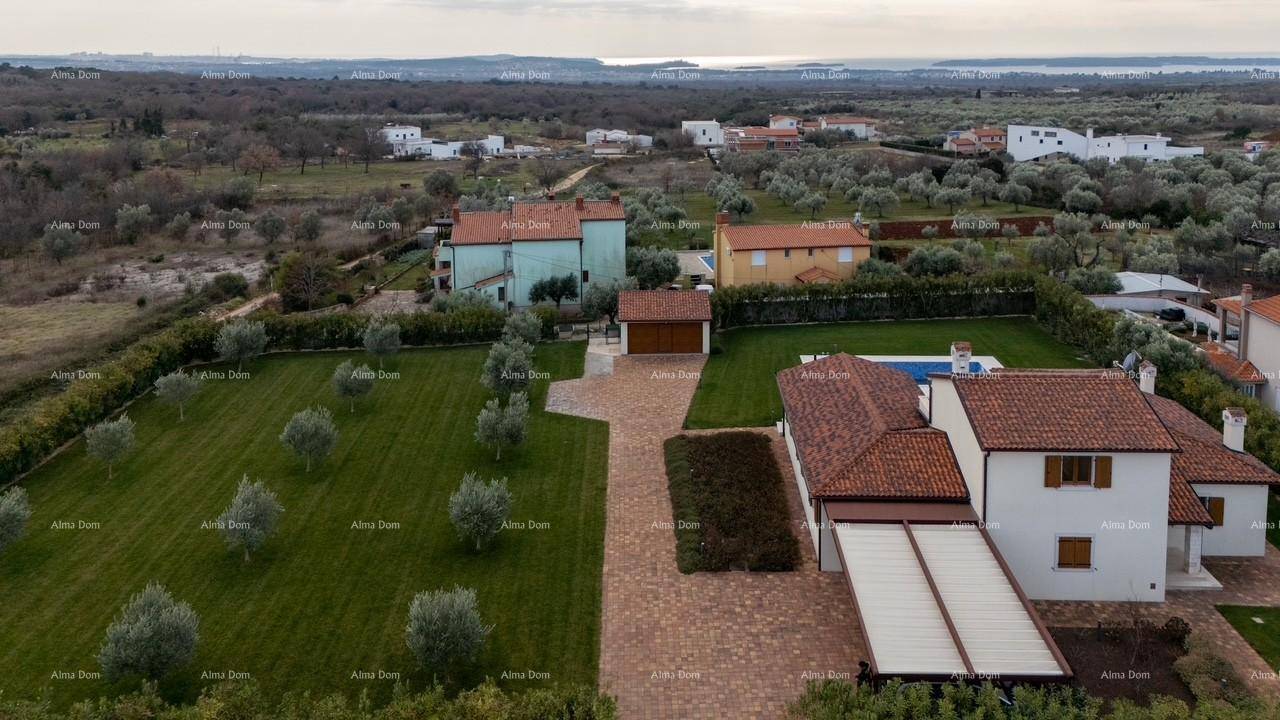 Luftaufnahme des gesamten Anwesens mit Haus, Pool, Auffahrt und weitläufigen Grünflächen mit Olivenbäumen.