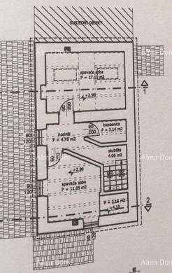Grundriss des Obergeschosses mit zwei Schlafzimmern, Badezimmer und Treppenaufgang.