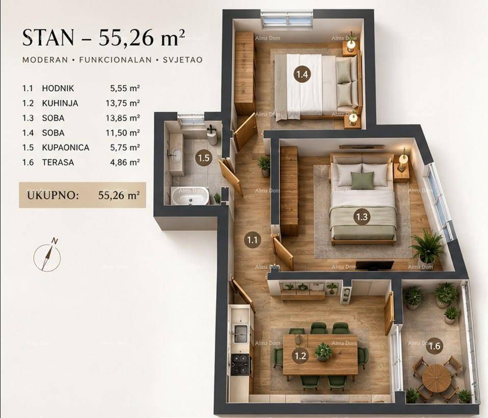 Grundriss der Wohnung mit offenem Wohnbereich, zwei Schlafzimmern und Balkon.
