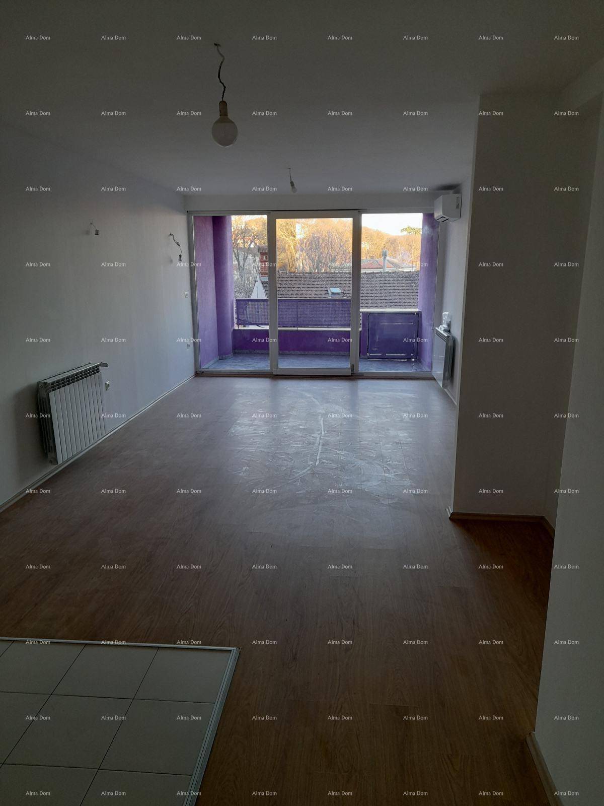 Geräumiges, helles Zimmer mit Holzboden und Schiebetüren zum Balkon.