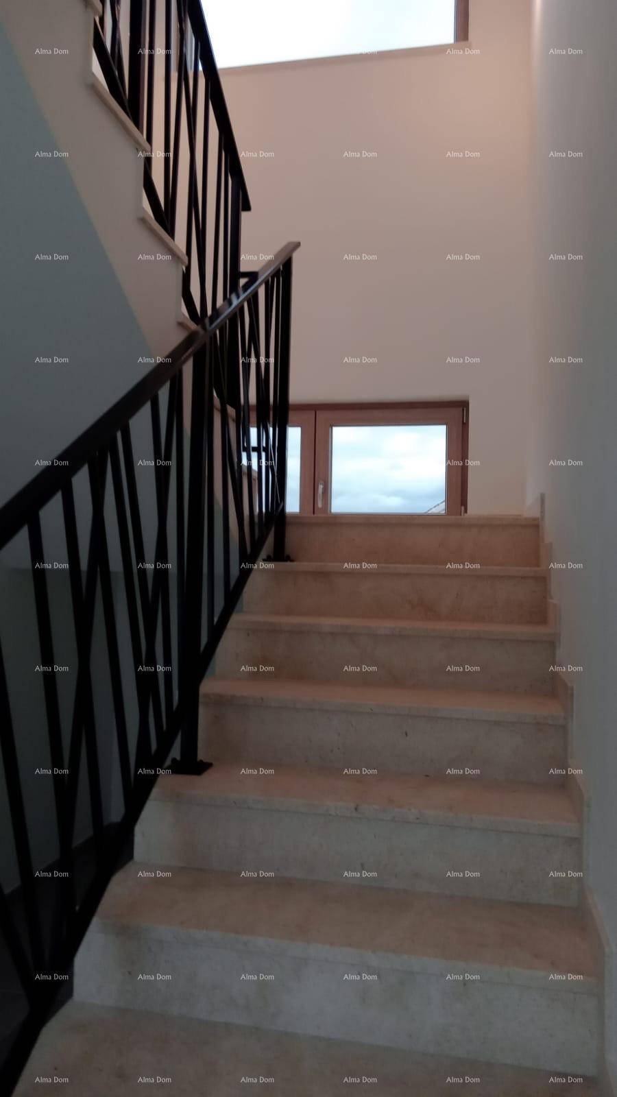 Treppenaufgang mit modernem Geländer und natürlichem Lichteinfall durch ein Fenster im oberen Bereich.