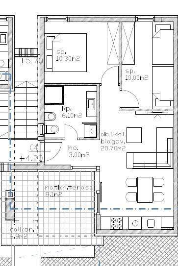 Grundriss einer Wohnung mit offenem Wohnbereich, zwei Schlafzimmern, Bad und Terrasse.