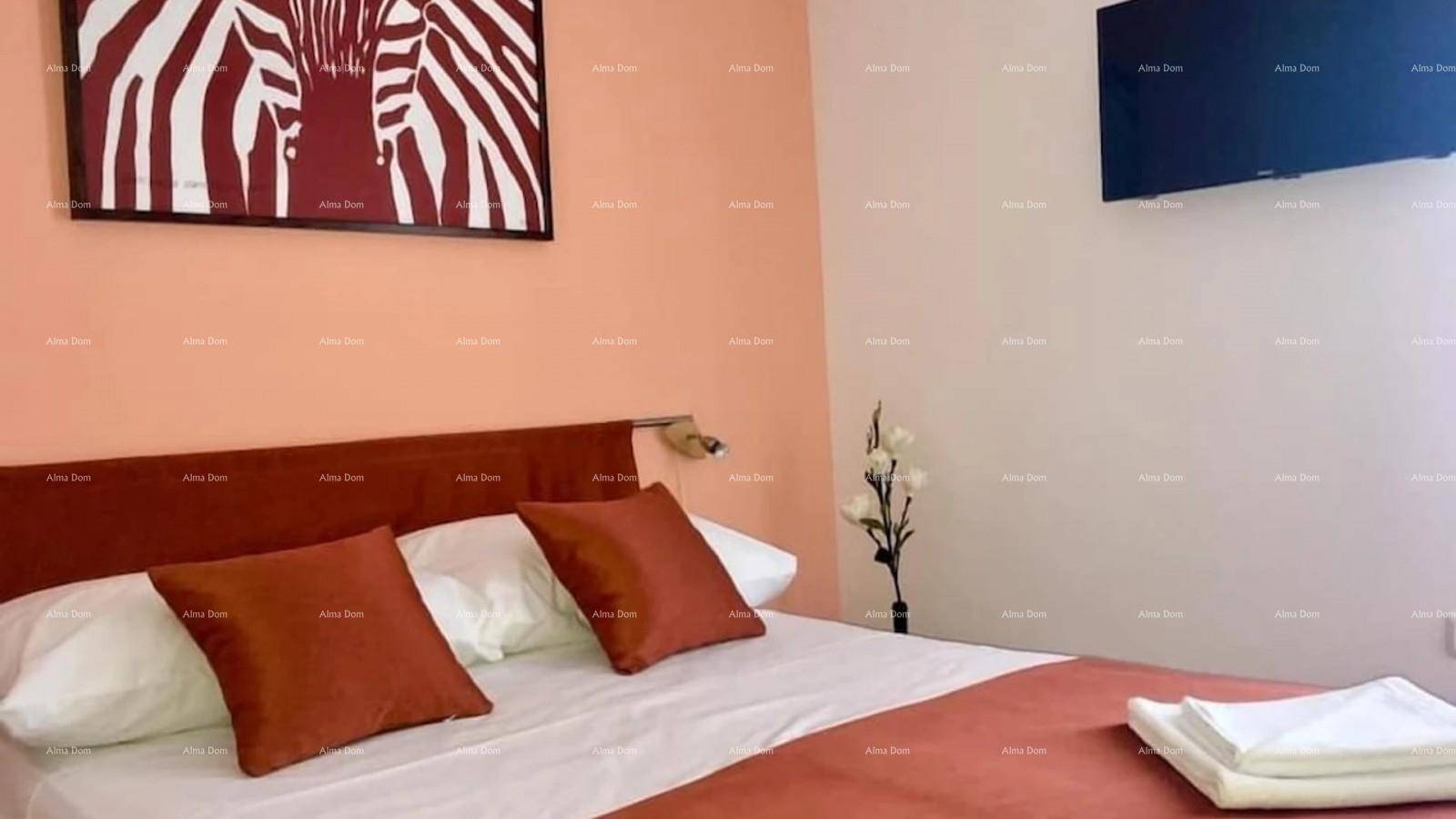 Schlafzimmer mit Doppelbett, einem Zebra-Bild an der Wand und einem an der Wand montierten Fernseher.