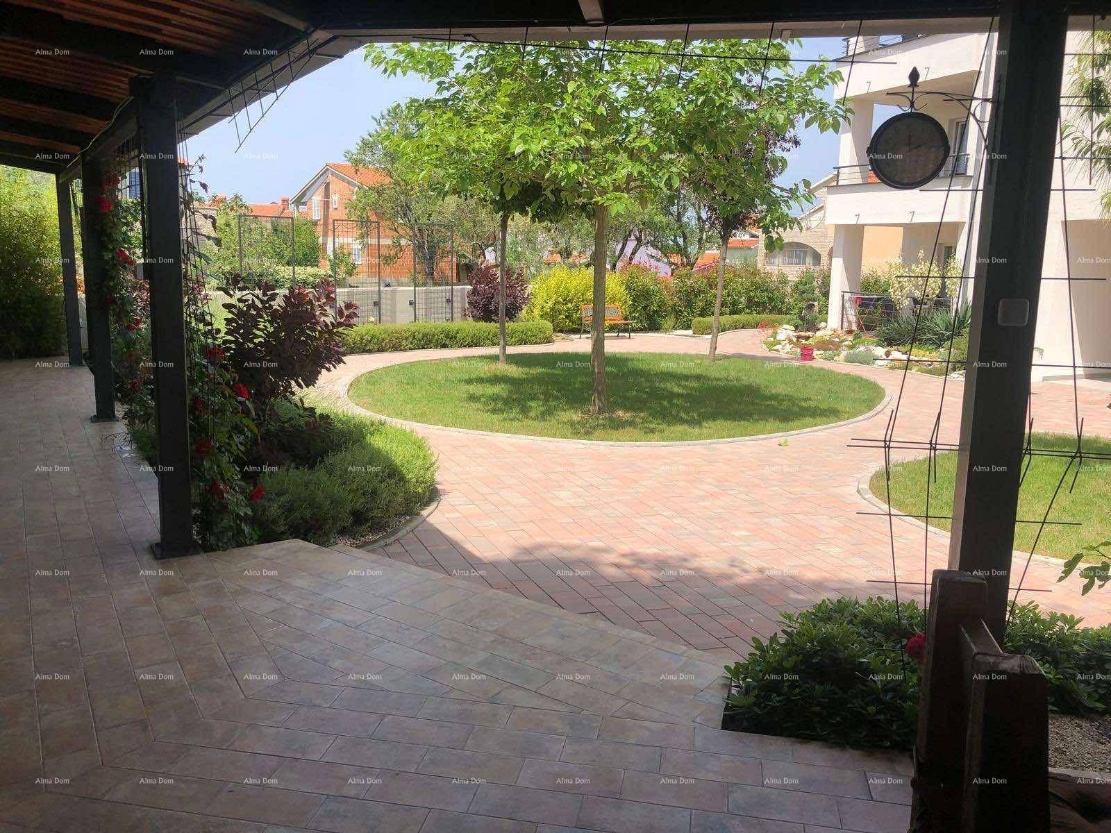Gepflegter Gartenbereich mit kreisförmigem Rasen und gepflasterten Wegen unter einer Pergola.