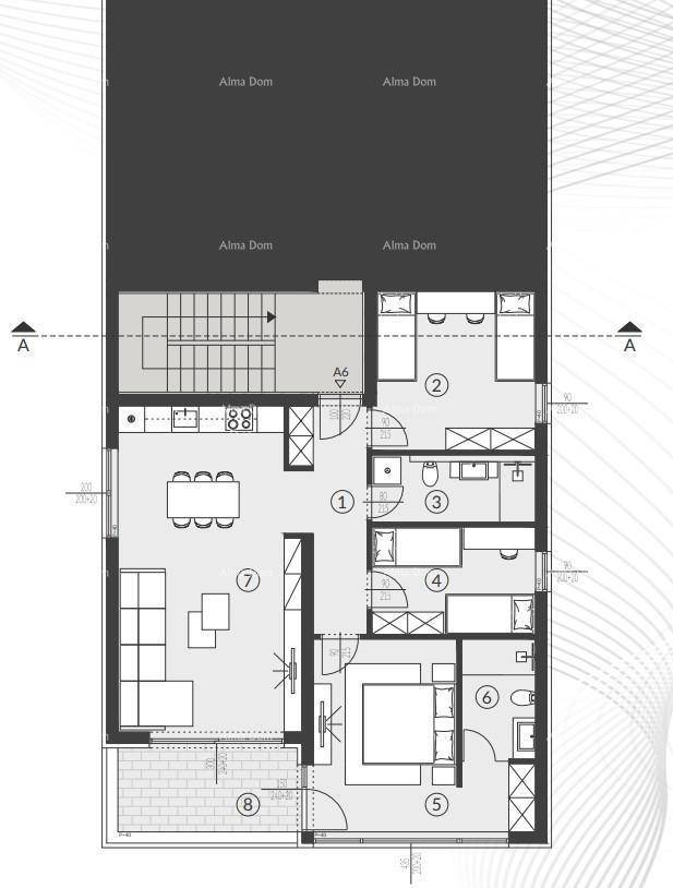 Detaillierter Grundriss einer Wohnung mit offenem Wohnbereich und Terrasse.