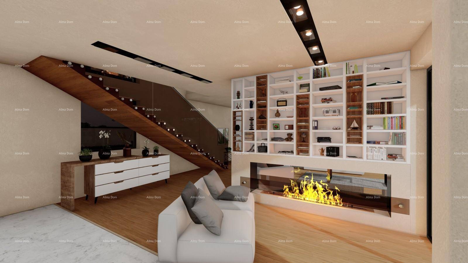 Modernes Wohnzimmer mit integriertem Kamin, Bücherregal und eleganter Treppe.