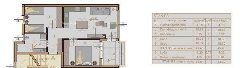 Detaillierter Grundriss einer Wohnung mit drei Schlafzimmern, offener Wohnküche und Balkon.