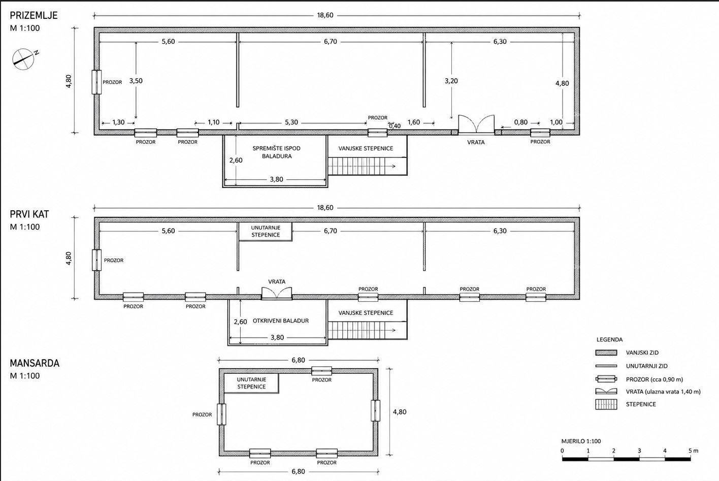 Grundriss des Erdgeschosses, ersten Stocks und Dachgeschosses mit Maßen und Raumaufteilung.