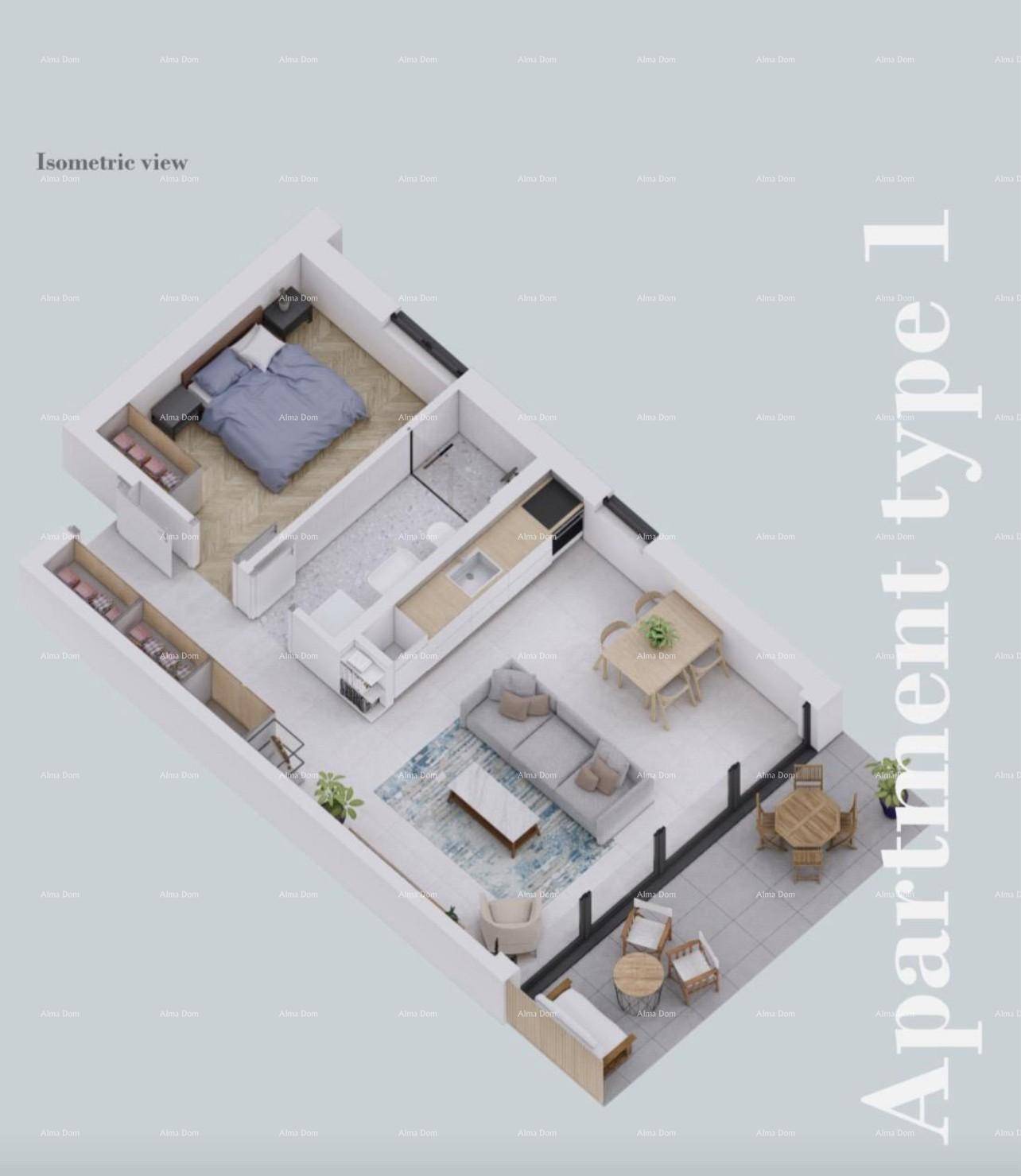 Isometrische Ansicht des Apartments mit offenem Wohnbereich, Schlafzimmer und Terrasse.
