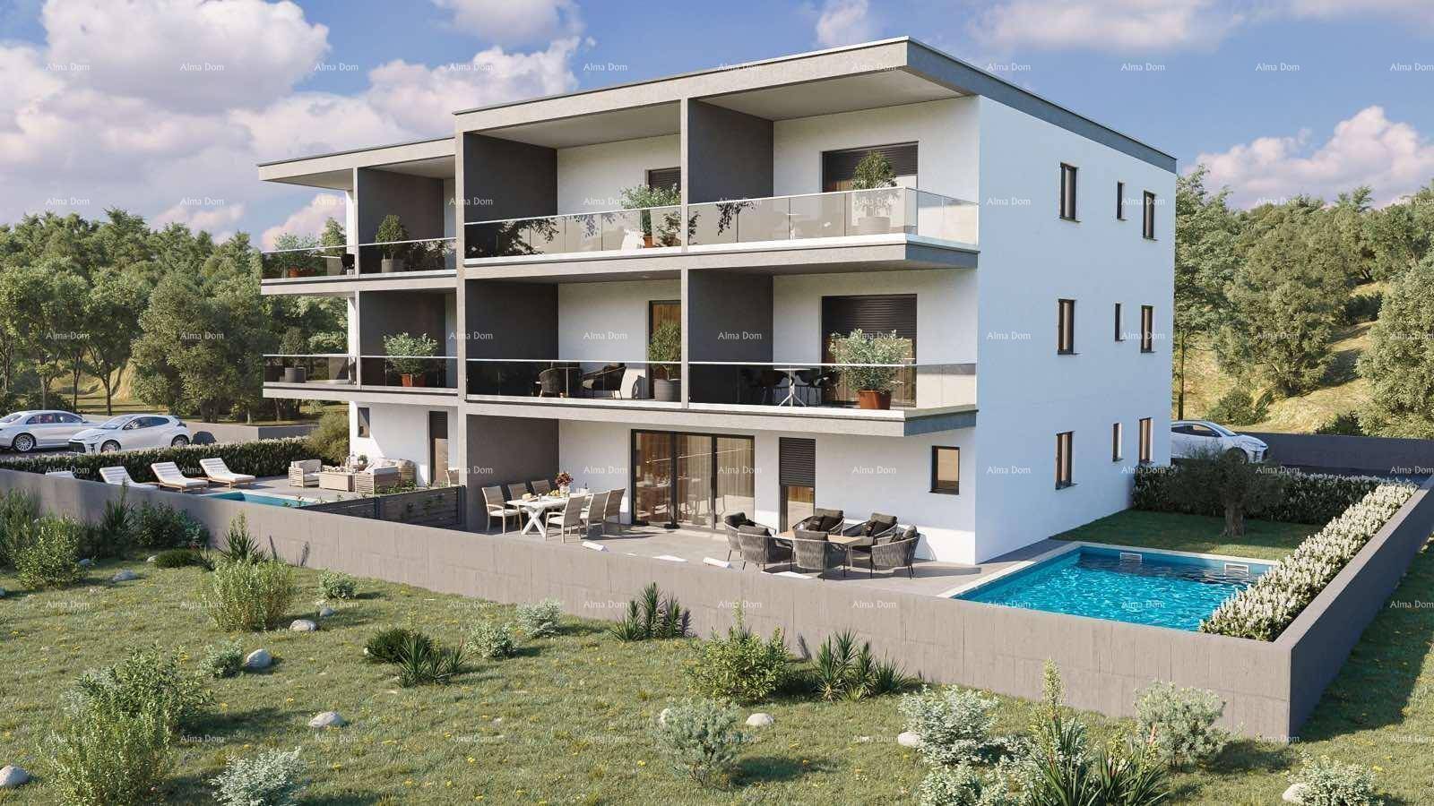 Ansicht der modernen Wohnanlage von einer anderen Perspektive mit Pool und Grünflächen.