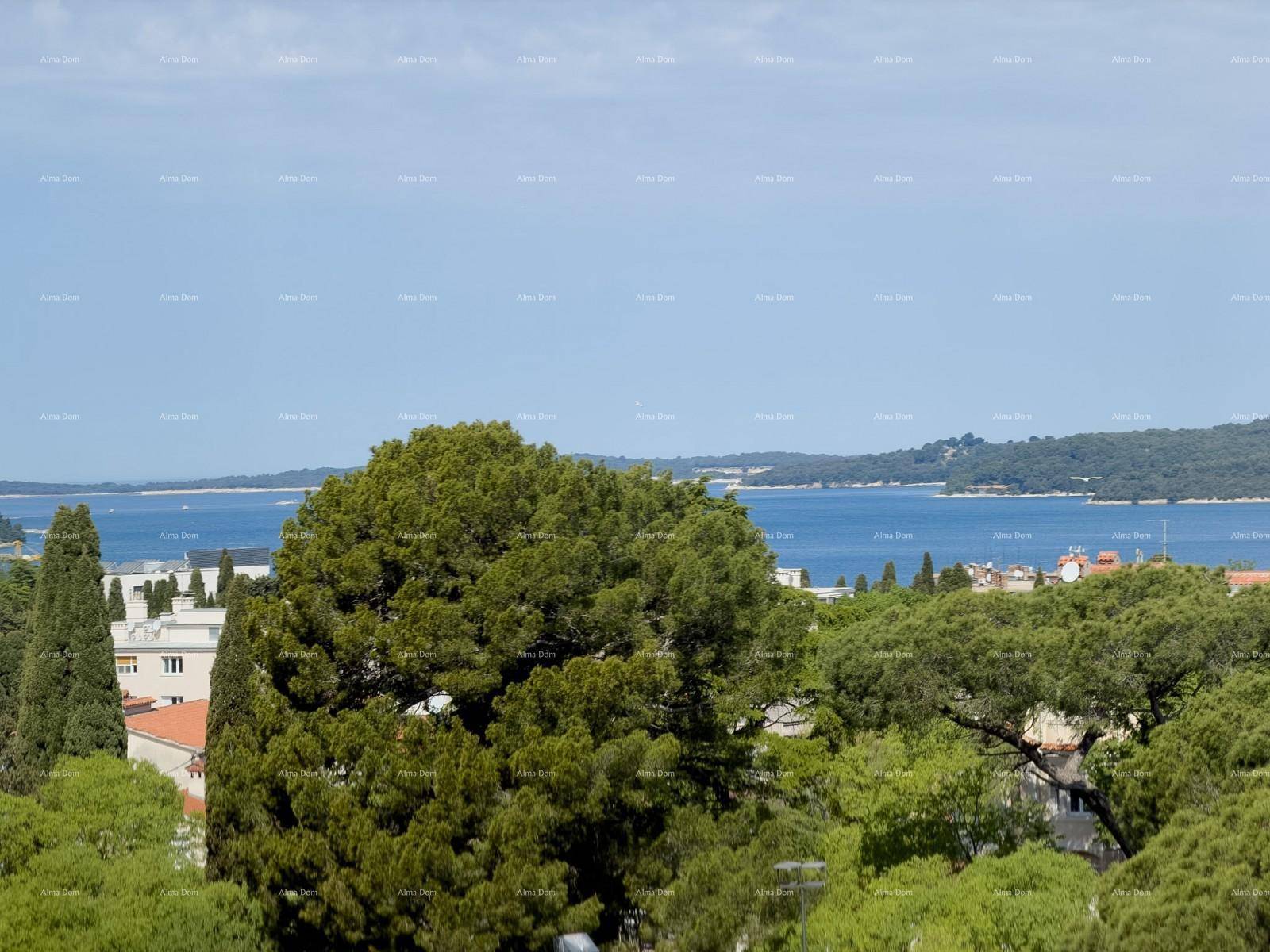 Panoramablick auf die Küste, das Meer und die grüne Landschaft mit mediterranen Bäumen.