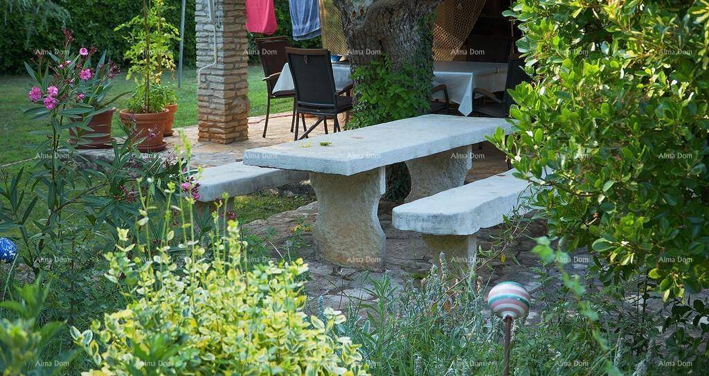 Steinerner Picknicktisch mit Bänken in einem grünen Gartenbereich, umgeben von Pflanzen.