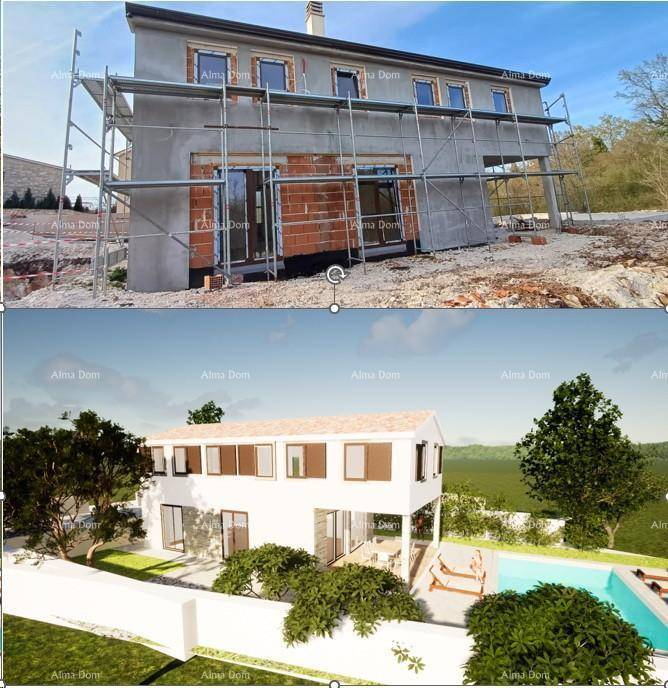 Baustelle eines modernen Hauses mit Gerüst und Rohbauarbeiten, daneben eine Visualisierung.