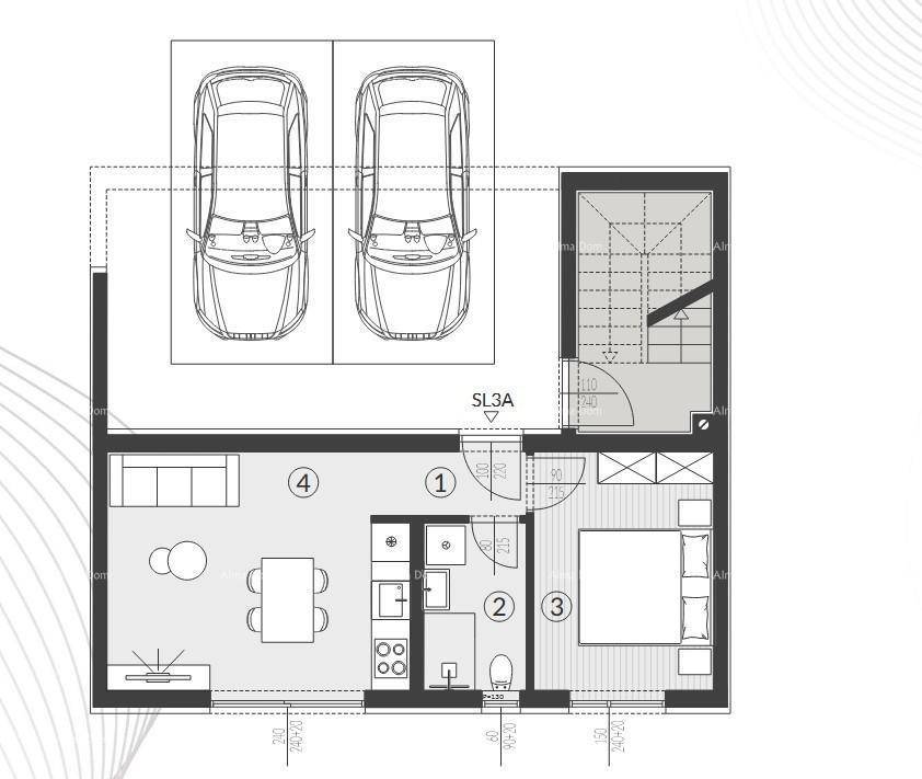 Grundriss der Wohnung SL3A mit Wohnbereich, Schlafzimmer, Bad und zwei Parkplätzen.