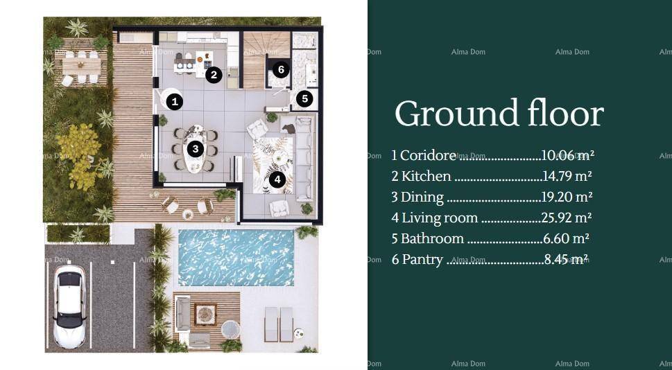 Grundriss des Erdgeschosses mit offenem Wohnbereich, Küche, Esszimmer und Zugang zum Garten mit Pool.