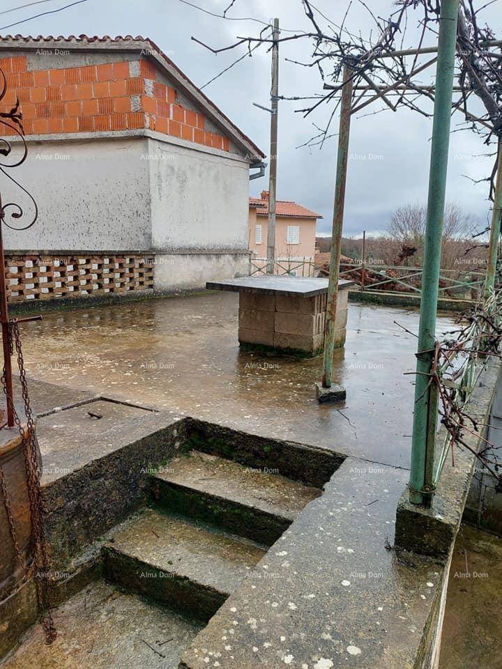 Betonierte Dachterrasse mit einem gemauerten Brunnen und Blick auf die umliegenden Gebäude.