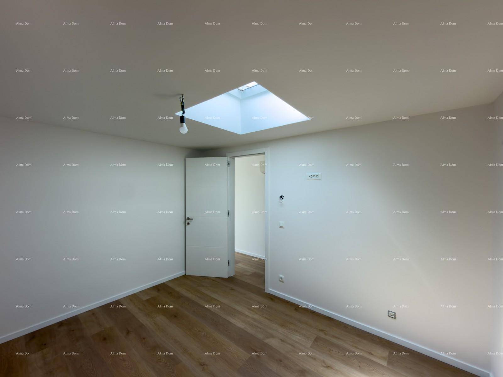Leeres Zimmer mit Holzboden und Dachfenster, das eine helle Atmosphäre schafft.
