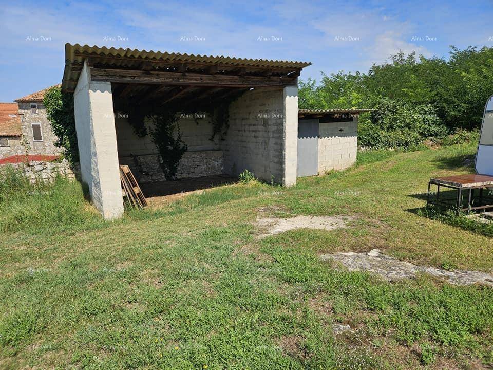 Offener Unterstand oder Schuppen auf einem grasbewachsenen Grundstück mit ländlicher Umgebung und viel Grün.
