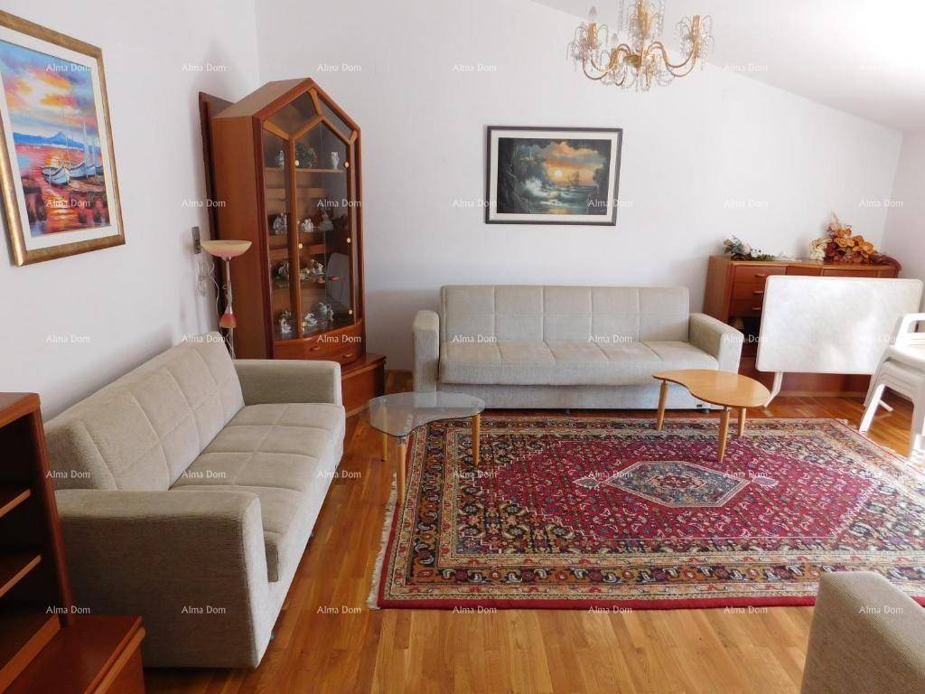 Helles Wohnzimmer mit Holzboden, zwei Sofas, Teppich und Kronleuchter.