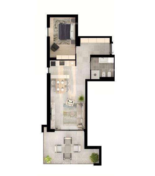 Grundriss einer Wohnung mit Schlafzimmer, offenem Wohnbereich und großer Terrasse.