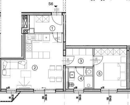 Grundriss einer Wohnung mit Wohnbereich, Schlafzimmer, Bad und Küche.
