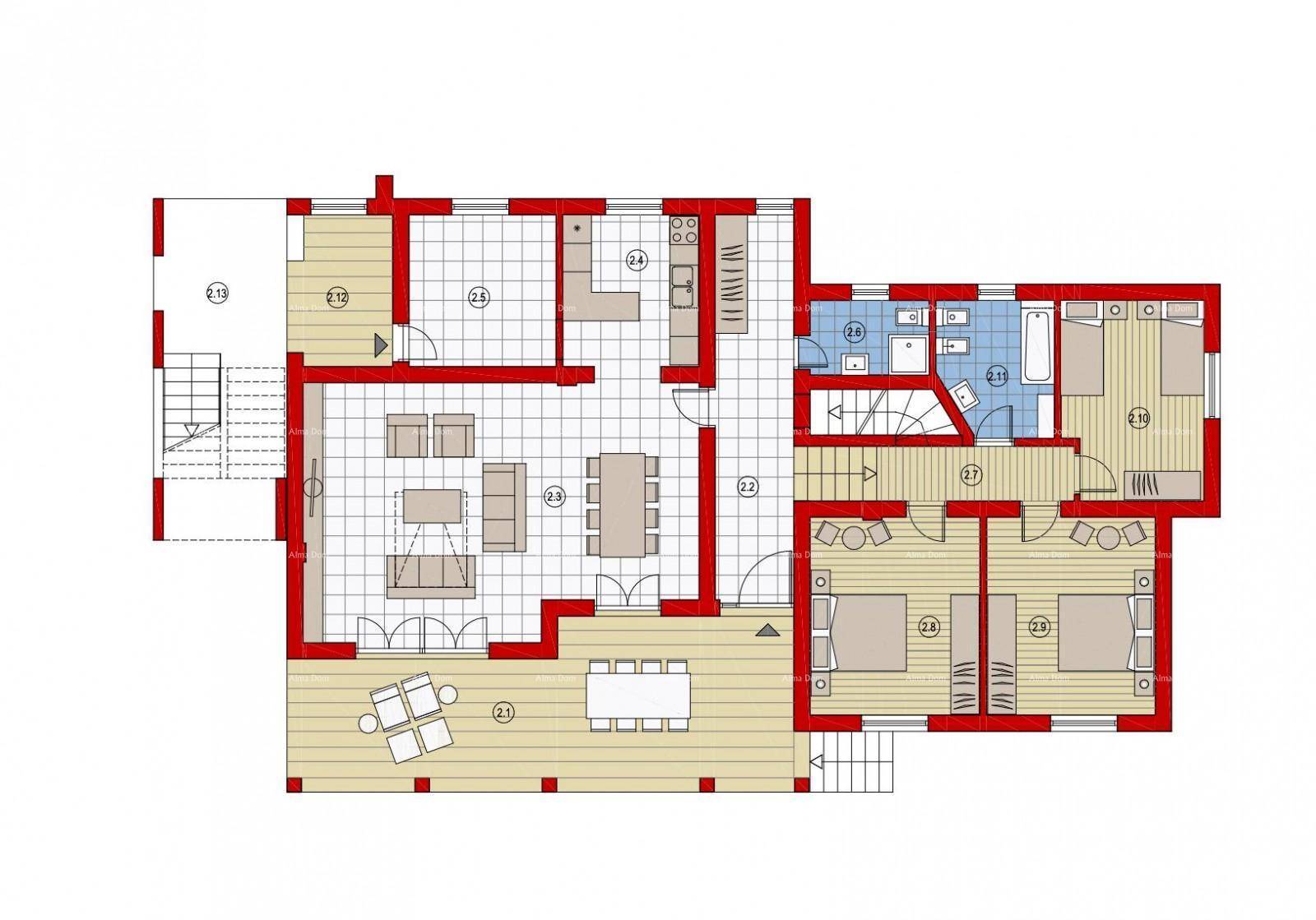 Grundriss des ersten Obergeschosses mit Wohnzimmer, Küche, Bädern und Schlafzimmern.