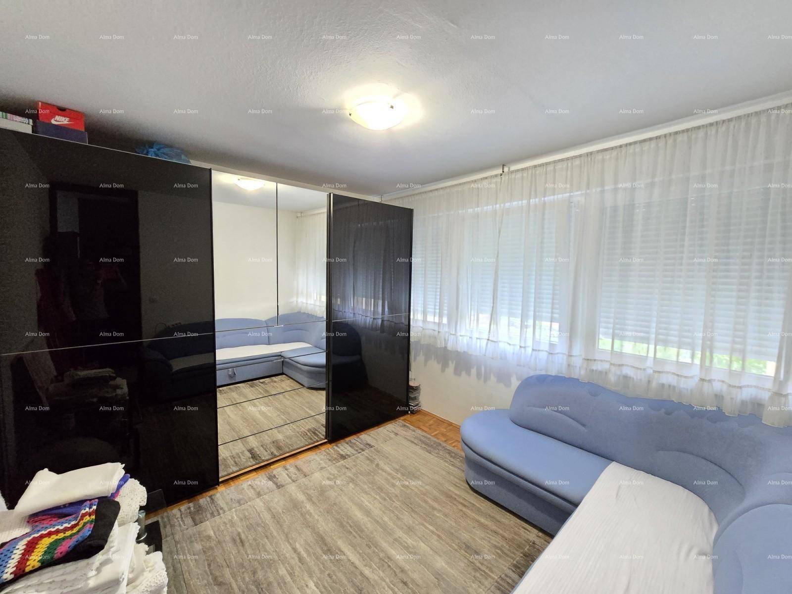 Zimmer mit blauem Ecksofa, großem Spiegelschrank und Fenster mit hellen Vorhängen.