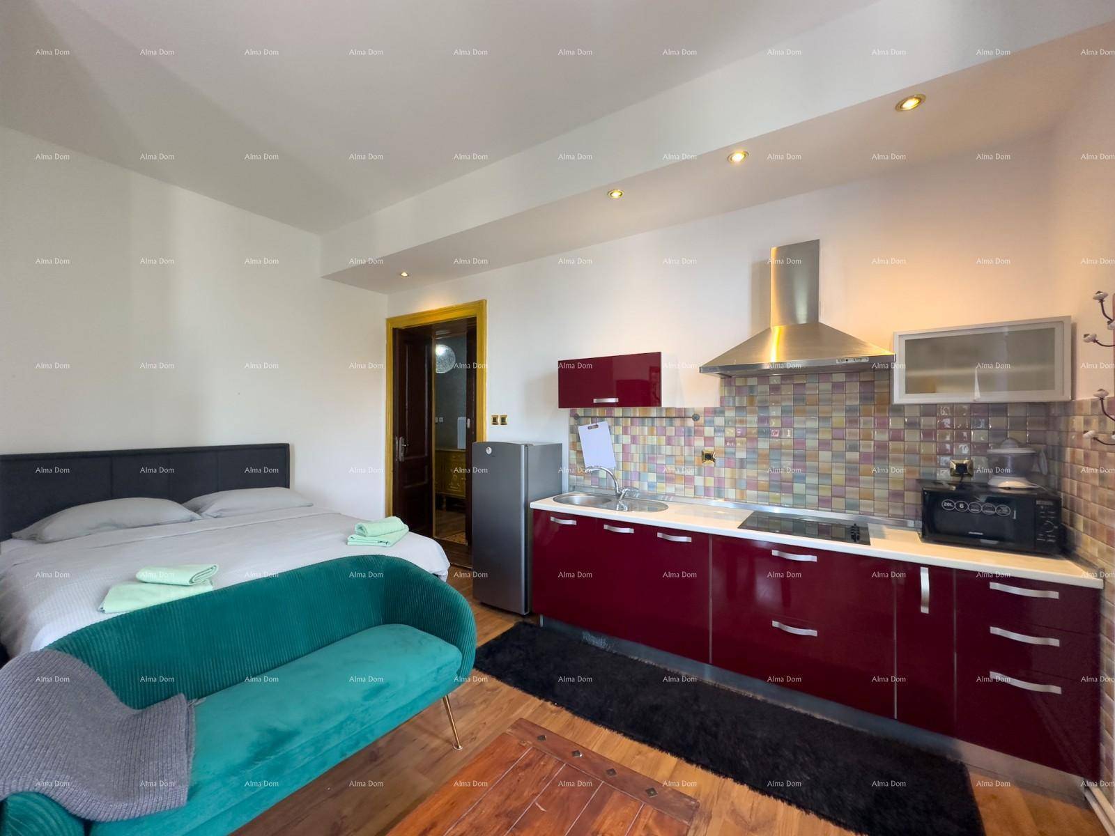 Modernes Studio-Apartment mit Schlafbereich, grünem Sofa und einer roten Küchenzeile mit Geräten.