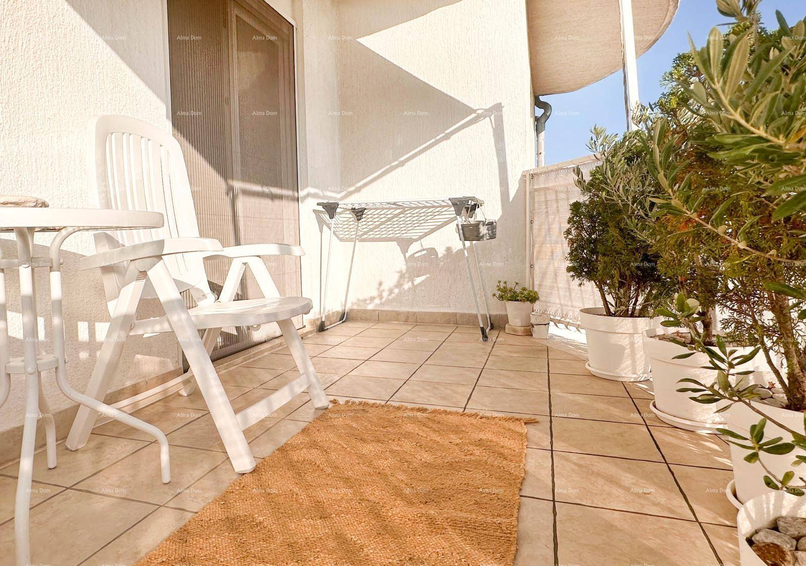 Sonniger Balkon mit Pflanzen, Gartenmöbeln und einem Grill.