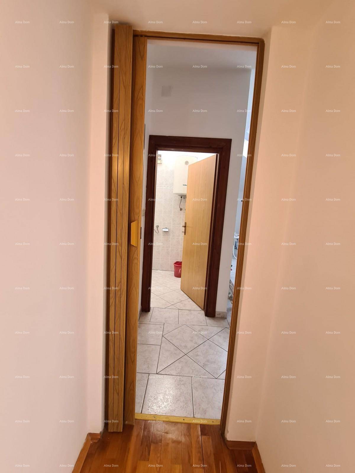 Blick von einem Zimmer mit Holzparkettboden durch einen Flur zu einem Badezimmer.