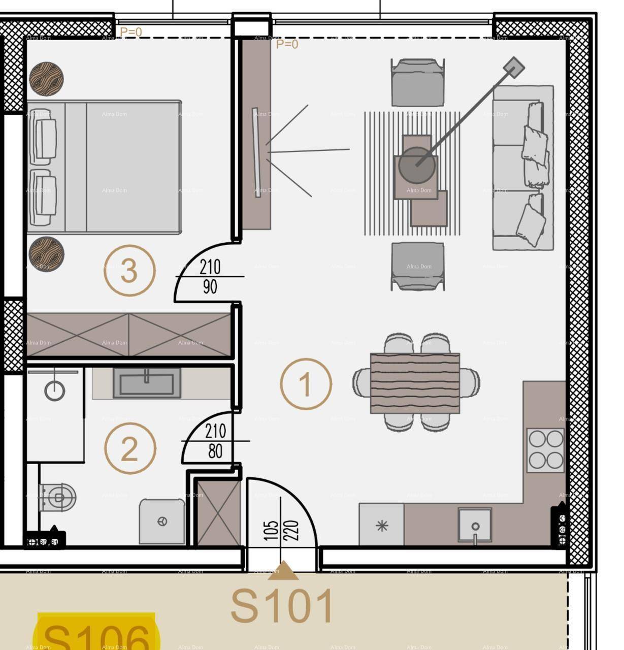 Grundriss der Wohnung S101 mit Schlafzimmer, Bad und offenem Wohn-Essbereich.
