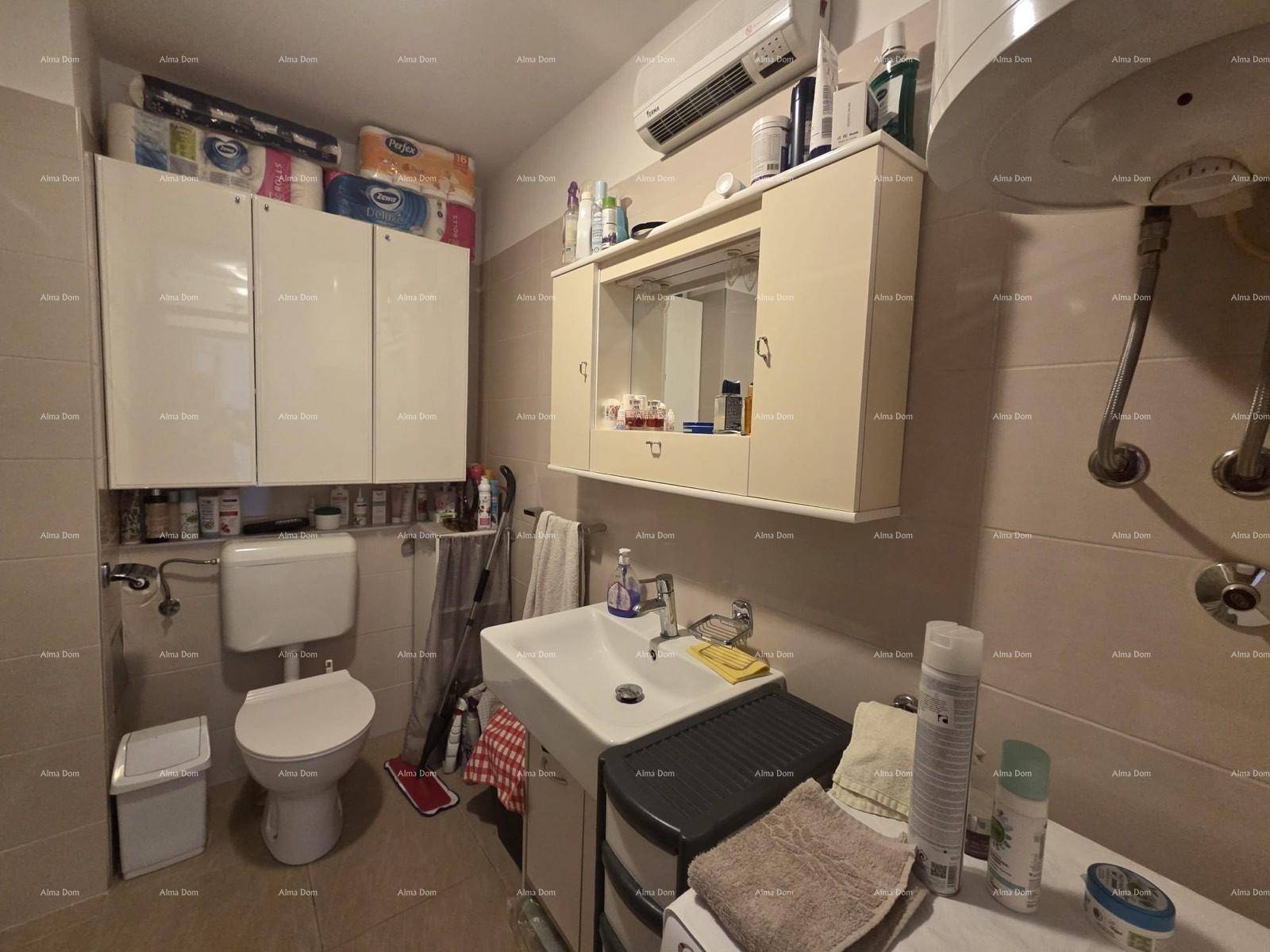 Badezimmer mit Toilette, Waschbecken und Spiegelschrank, in neutralen Farbtönen gehalten.