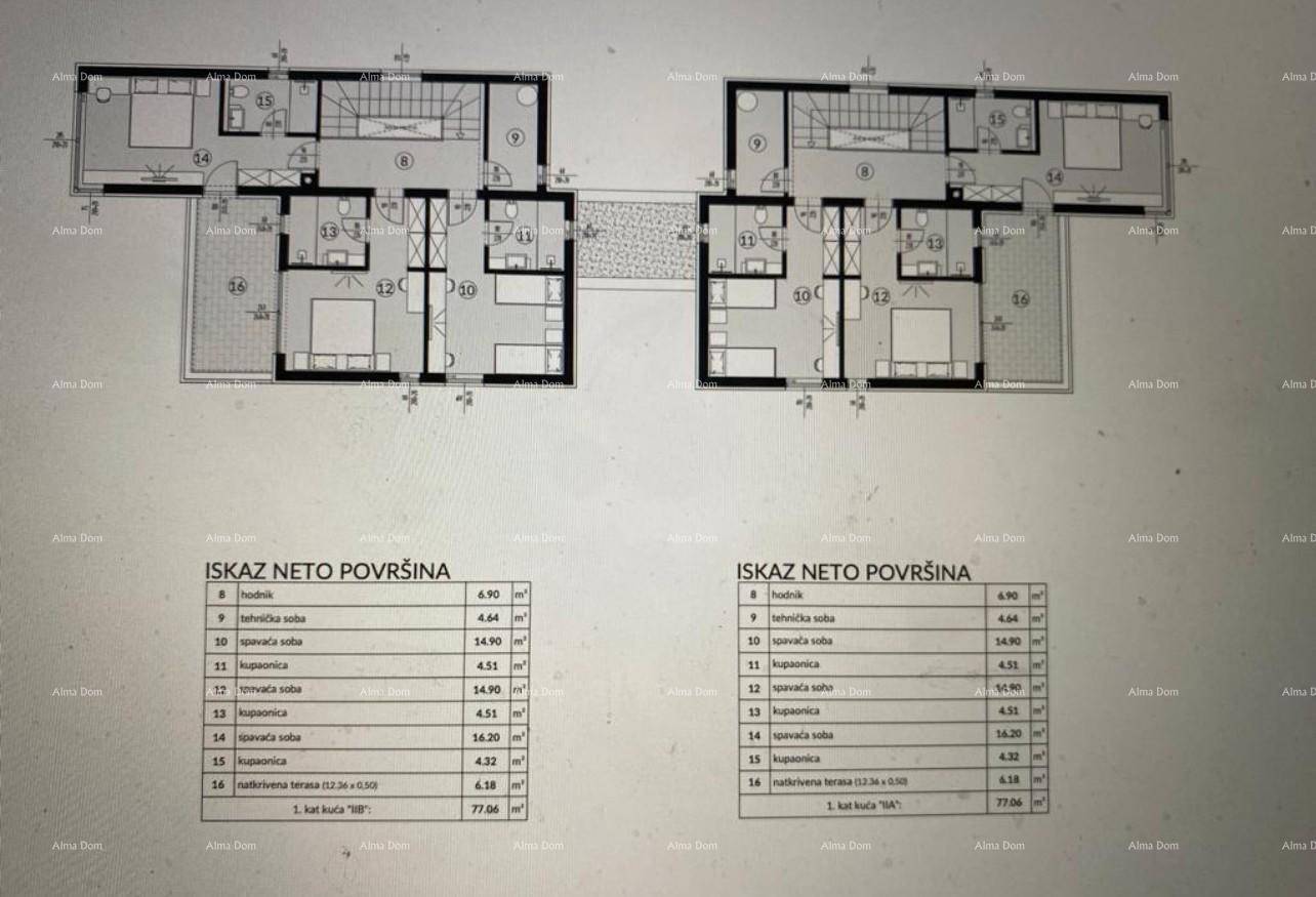 Grundriss des Obergeschosses mit mehreren Schlafzimmern und Bädern für zwei Wohneinheiten.