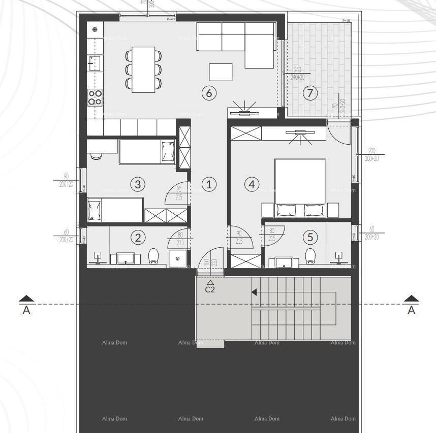 Detaillierter Grundriss einer Wohnung mit offenem Wohnbereich, Küche und Balkon.