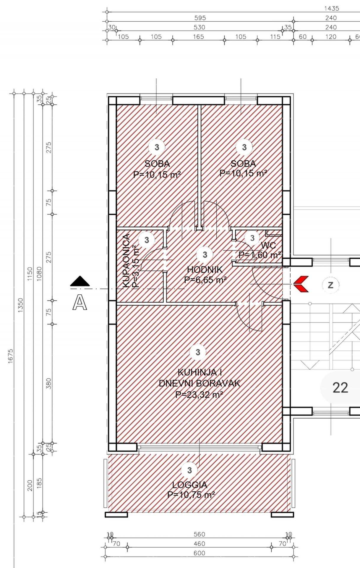 Grundriss einer Wohnung mit offenem Wohnbereich, zwei Schlafzimmern und Loggia.
