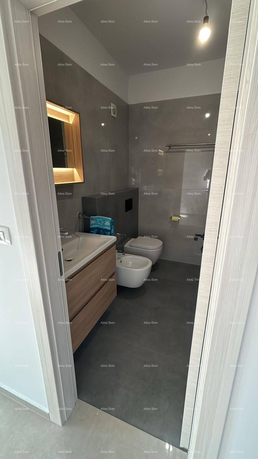 Modernes Badezimmer mit Einzelwaschbecken, wandhängendem WC und Bidet, alles in eleganten Grautönen.