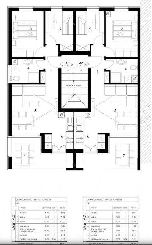 Grundrissplan einer Etage mit zwei Wohnungen, Schlafzimmern und Bädern.