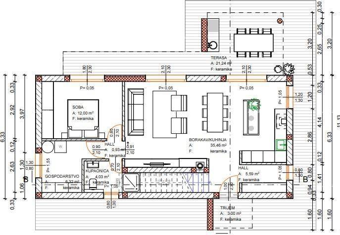 Grundriss des Erdgeschosses mit offenem Wohnbereich, Küche, Schlafzimmer und Terrasse.
