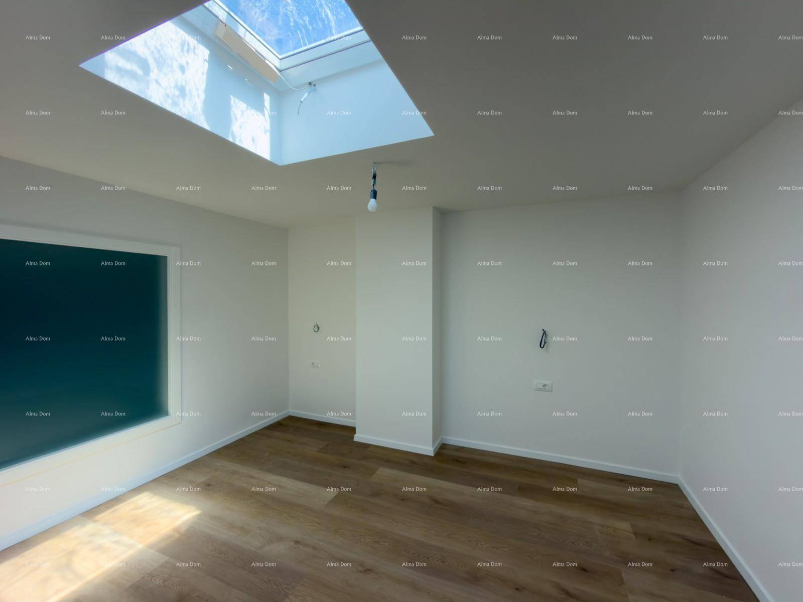 Helles Zimmer mit Holzboden und großem Dachfenster, das viel Tageslicht hereinlässt.