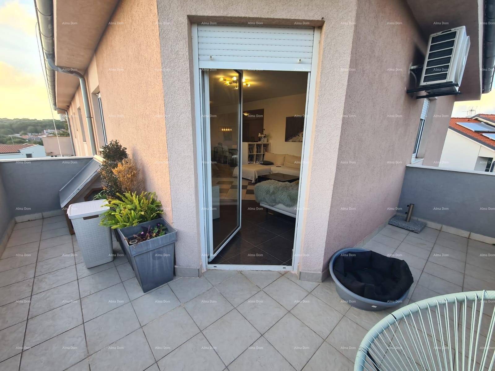 Balkon mit Fliesenboden, Pflanzen und Blick in den Wohnbereich durch die offene Tür.