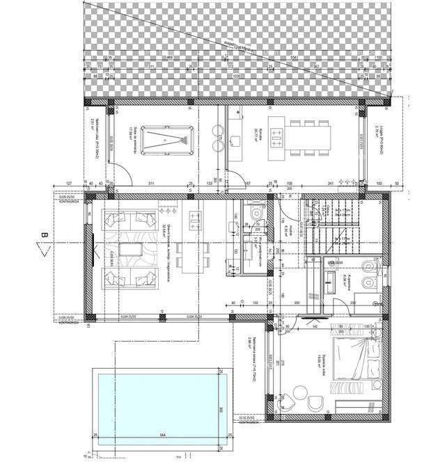 Grundriss des Erdgeschosses mit offenem Wohnbereich, Küche, Schlafzimmer und direktem Zugang zum Poolbereich.