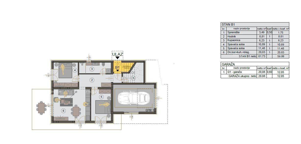 Grundrissplan einer Wohnung mit drei Schlafzimmern, offenem Wohnbereich und integrierter Garage.